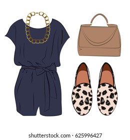 Casual chic styling idea, look with romper, bag and animal print shoes