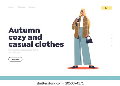 Casual clothes for autumn season concept of landing page with fashion girl in jacket and trendy jeans wearing stylish street style clothing from fall collection. Cartoon flat vector illustration