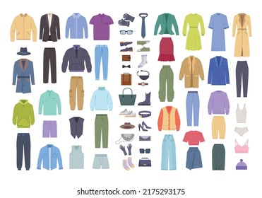 ropa informal. armario moderno de colores para los personajes masculinos y femeninos pantalones vestidos con calcetines de chaqueta de moda accesorios de moda. Colección de equipos vectores
