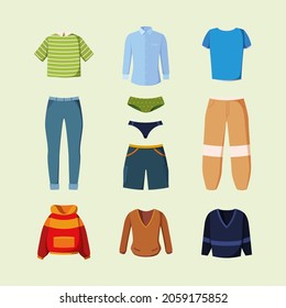 Casual clothes. Fashion textile clothes colorful dress pants jeans garish vector flat illustrations set isolated on white