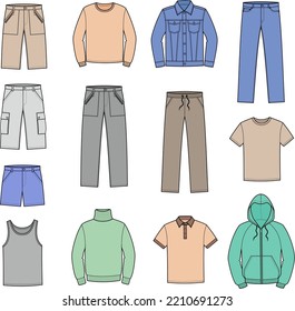 La ropa informal de las mujeres. Hoodie, pantalones elásticos de banda, jeans, saltador, suéter, calzado, chaqueta de denim, camiseta, polo, pantalones cortos, pantalones largos y pantalones con bolsillos, singlet. Ilustración vectorial. 