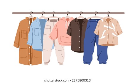 Casual clothes hanging on rack. Garments row on hanger rail. Modern wardrobe, wearing for charity. Different women apparel, pants, sweatshirt. Flat vector illustration isolated on white background