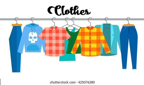 Casual Clothes Hipster Shirt Collection Show Room Shop Flat Vector Illustration