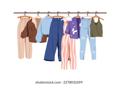 Casual clothes on hanger rail, rack. Modern women wardrobe, spring and summer wearing row. Trendy female apparel, fashion feminine garments. Flat vector illustration isolated on white background