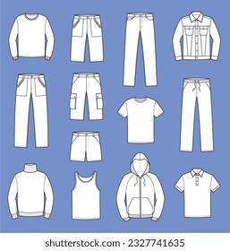 La ropa casual de los hombres. Hoodie, pantalones elásticos de banda, jeans, saltador, suéter, calzado, chaqueta de denim, camiseta, polo, pantalones cortos, pantalones largos y pantalones con bolsillos, singlet. Ilustración vectorial. 