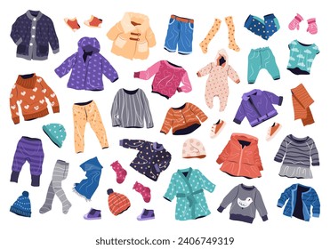 Casual clothes set for kids. Fall and winter fashion garments for boys and girls. Collection of stylish children wearing. isolated flat vector illustrations on white background.