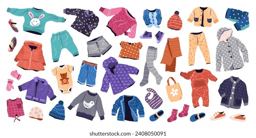 Casual clothes set for kids. isolated fashion garments for boys and girls. Collection of stylish children wearing. Flat vector illustrations on white background.