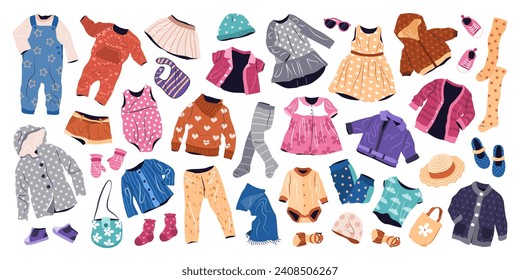 Casual clothes set for kids. Summer and spring fashion garments for boys and girls. Collection of stylish children wearing. isolated flat vector illustrations on white background.