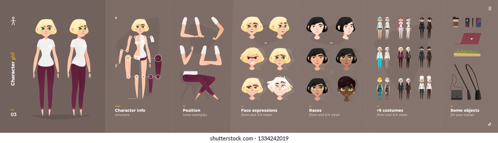 Casual Clothes Style. Girl Cartoon Character for Animation. Default Body Parts Poses with Face Emotions. Five Ethnic Styles