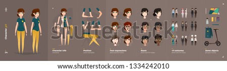 Casual Clothes Style. Girl Cartoon Character for Animation. Default Body Parts Poses with Face Emotions. Five Ethnic Styles ストックフォト © 