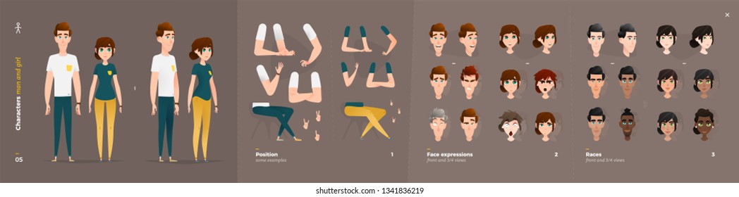 Casual Clothes Style. Guy and Girl Cartoon Characters for Animation. Default Body Parts Poses with Face Emotions. Five Ethnic Styles