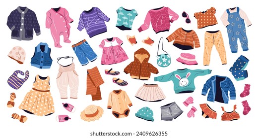 Casual clothing set for kids. Summer and spring fashion garments for boys and girls. Collection of stylish children wearing. isolated flat vector illustrations on white background.