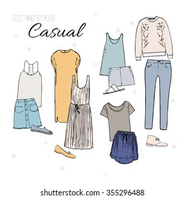 Casual clothing styles, set of clothing. Vector hand drawn collage of women clothing and accessories and shoes isolated on white background