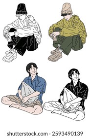 A Casual Contemplation: A set of artistic illustrations captures a person in various relaxed poses and outfits, radiating a sense of quiet reflection and personal style