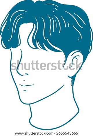 A casual and contemporary vector illustration featuring the front view of a man's head with tousled, medium-length hair that falls slightly over the forehead