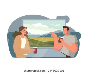 Conversación casual en tren. Dos pasajeros entablaron una charla amistosa a bordo de un tren, con un paisaje pintoresco rodando. Captura la esencia de la camaradería de viajes.