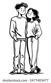 Casual couple in black and white illustration, showcasing love, affection, and a strong, joyful bond