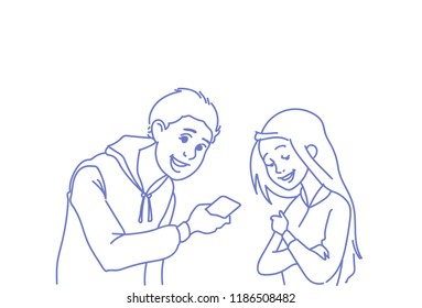 casual couple using smartphone online people communication concept mobile application man woman conversation doodle sketch horizontal male female portrait vector illustration