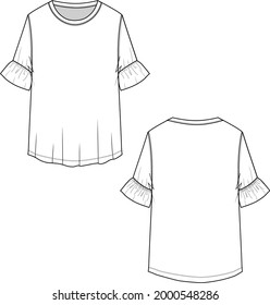 Casual Crew neck fancy sleeve Ruffles T-shirt top technical flat sketch drawing