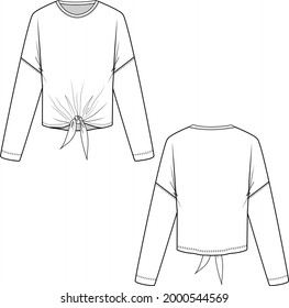 Casual Crewneck twisted knot long sleeve t-shirt top  technical Flat Sketch Drawings