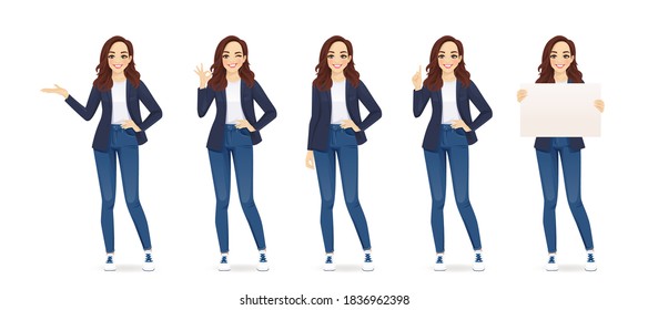 Casual cute business woman in different poses set isolated vector illustrtion