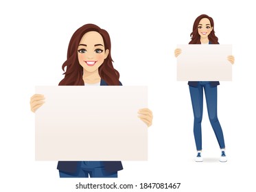 Casual cute businesss woman holding empty blank board isolated vector illustration