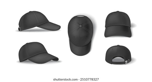 Casual dark baseball cap mockup format reasonable vector outline set. Head clothing with brand layout 3d models on white foundation