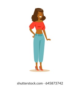 Casual dark skinned woman standing. Colorful cartoon character vector Illustration