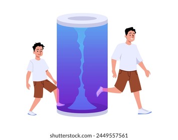 Casual day teleportation visualization. Vector illustration of a young man walking through a futuristic portal, symbolizing change and the ease of modern life transitions.