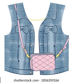 Casual denim vest with cross body bag. Print for girls t shirt. Vector illustration.