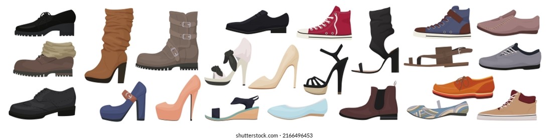 Casual Different Shoes Set For Walking Men And Women Vector Illustration. Cartoon Footwear Collection With Boots, Loafers, Canvas Sneakers With Laces Isolated On White. Accessories, Fashion Concept