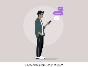Casual Digital Conversation, A character Texting on their Phone, a millennial stands engrossed in a texting conversation on their smartphone