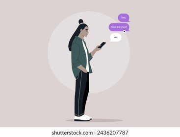 Conversación digital casual, un personaje que envía mensajes de texto en su teléfono móvil, un milenario se encuentra absorto en una conversación de mensajes de texto en su teléfono inteligente