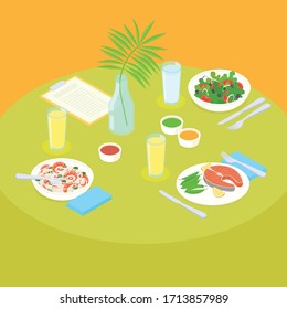 Casual dinner in seafood restaurant set. Isometric vector illustration in flat design.