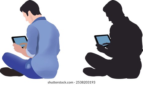 Casual dressed man using his tablet while sitting with crossed legs, color and silhouette illustrations