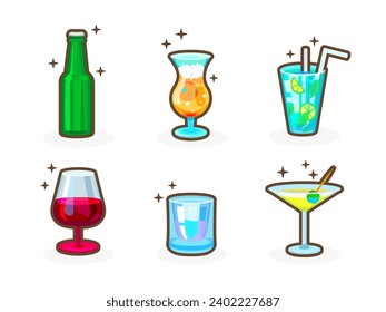 Casual drinks icons for your app. Bright remarkable UI elements. Good for animation. Bottle, cocktail, beer, wine, martini etc. Nice vector UI illustration for your business.