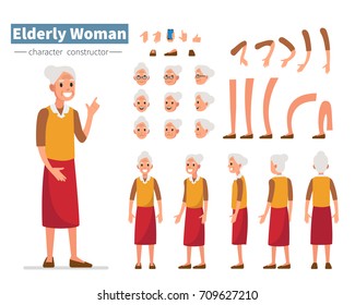 Casual elderly woman character constructor for animation. Flat style vector illustration isolated on white background.