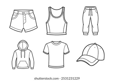 Casual Essentials Vetor Line Art Bundle Com Roupas Diárias
