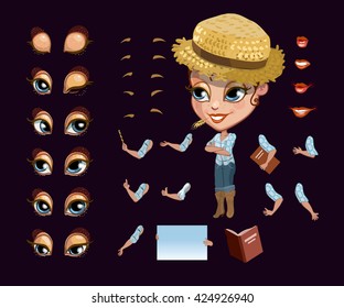 casual farmer girl character with  elements clothing and emotions for use in design. Complete set for to create video games