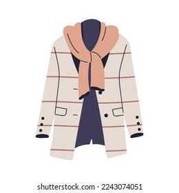 Casual fashion blazer and scarf. Stylish jacket, garment and accessory. Modern apparel, women clothes. Unbuttoned wearing. Flat vector illustration isolated on white background