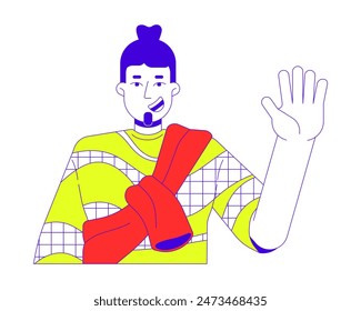 Casual fashion caucasian man waving hand 2D linear cartoon character. Smiling bearded guy isolated line vector person white background. Positive influencer friendly color flat spot illustration