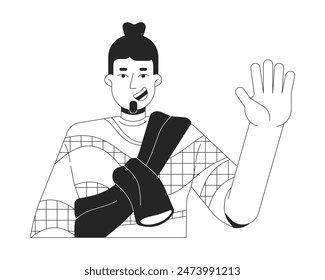 Casual fashion caucasian man waving hand black and white 2D line cartoon character. Smiling bearded guy isolated vector outline person. Positive influencer monochromatic flat spot illustration