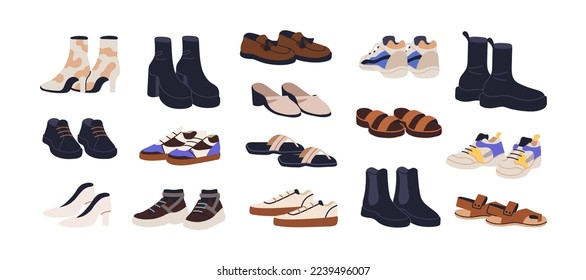 Casual fashion footwear set. Heeled and sport foot wear. Fall boots, summer sandals, modern sneakers. Different designs, models of footgear. Flat vector illustration isolated on white background