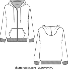 Casual Fashion full open zipper hoodie flat sketch technical drawing template vector