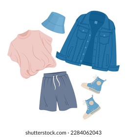 Casual Mode Outfit. Denim-Jacke, Hemd und kurze Hosen. Modernes Outfit und Turnschuhe, flache Vektorgrafik