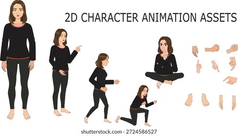 Conjunto de personajes femeninos casuales con múltiples poses y gestos de mano para la Ilustración vectorial de activos de animación 2D