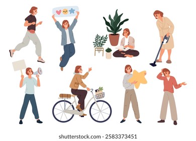 Casual female character. Woman in loose clothes. Girl power. Different actions. Riding bike or speaking at rally. Gardening houseplants. Cleaning home. Sport jogging