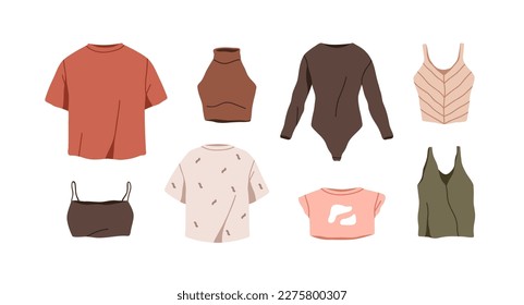 Casual female clothes for upper body. Tops, tshirts, bodysuits, women summer wearings collection. Modern fashion girls apparels set. Flat graphic vector illustrations isolated on white background