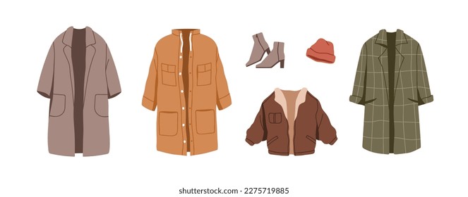 Casual female outerwear clothes set. Warm coats and jackets, knitted hat and boots. Fashion winter and autumn season apparel, modern wearing. Flat vector illustrations isolated on white background