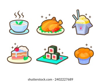 Casual food icons for your app. Bright remarkable UI elements. Good for animation. Сhicken, noodles, piece of cake, cream soup etc. Nice vector UI illustration for your business.